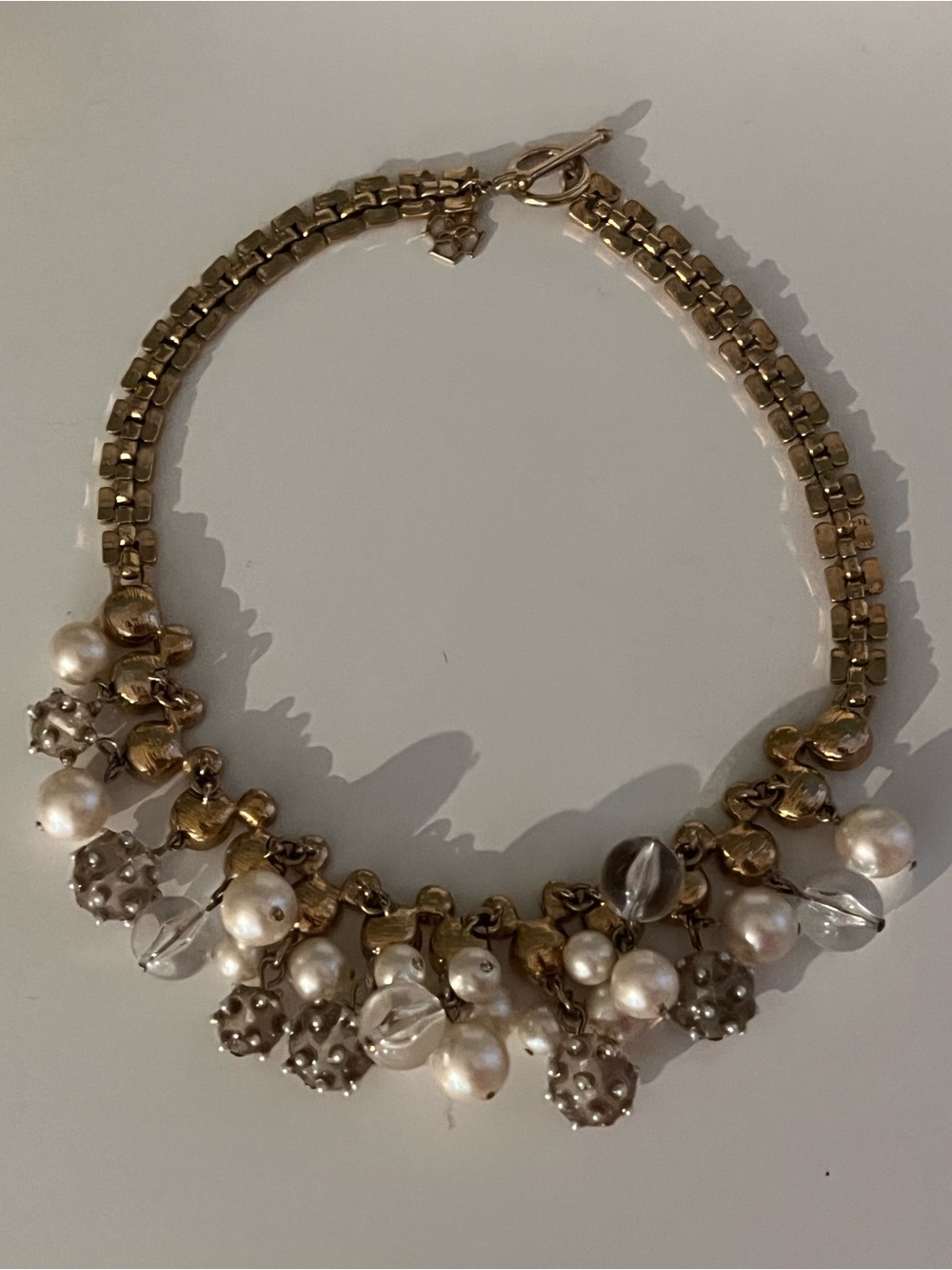 Gold Pearl and Crystal Cluster Necklace